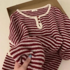 Pbong Fresh Autumn New Loose round Neck Long Sleeve Knitted Sweater Women's Lazy Style Stripe Base Layer Sweater Versatile Top Women