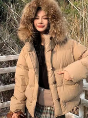 Women New Fall Winter Hooded Button Coat with Large Fur Collar Retro Office Christmas Fashion Jacket Retro Commute Outfits New
