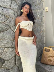 Vacation Beach Summer Outfits Tank Top + Long Skirt Knit Sexy Women Set Hollow Out Transparent Vest And Skirt Suit 2pcs New