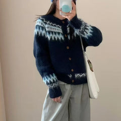 Fair Isle Sweater Cardigan Women Long Sleeve Button-Up Crewneck Knitted Jacket Cardi Female Knitwear Fall Winter Vintage Outfit