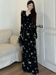 Women Black Print Long Sleeve Chic Ruffled V-Neck Maxi Dress Korean Vintage Party Dress Autumn Winter Elegant Evening Dress New