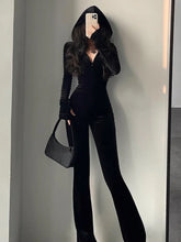Autumn Sexy Bodycon Black Velvet Jumpsuit Women Fashion Hooded Zipper Flare Pants Rompers Vintage Y2k Streetwear Winter Outfits