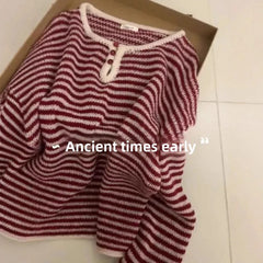 Pbong Fresh Autumn New Loose round Neck Long Sleeve Knitted Sweater Women's Lazy Style Stripe Base Layer Sweater Versatile Top Women