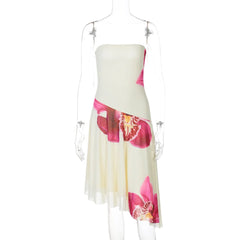 Floral Print Sexy Midi Dress Women Gown Summer New Strapless Off-shoulder Sleeveless Backless Irregular Ruffle Dress