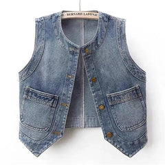 New Ladies Denim Vest Jacket 2025 Summer Retro Versatile Women's Waistcoat Tops Round Neck Sleeveless Female Cowboy Horse Clip