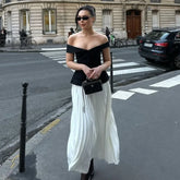 Elegant V-neck Women Long Dress White Black Patchwork A-line Fashion Party Dress New Sleeveless Summer Female Clothes