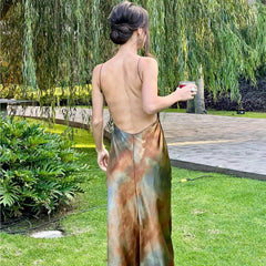 Fashion V-neck Satin Party Dress Vacation Beach Slim Women Long Dress Tie Dye Printing Streetwear Summer Slip Dresses New