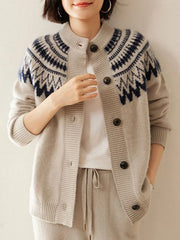 Fair Isle Knit Sweater Cardigan Women Cozy Stand Collar Button Front Sweater Jacket Teen-Girl Fall Winter Vintage Chic Outfit