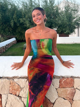 Sexy Strapless Women Summer Dress Y2K Fashion Printed Slim Maxi Beach Dress Elegant Mesh Sleeveless Vacation Party Outfis