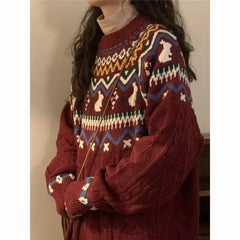 Pbong Red Christmas Pattern Knitted Sweater Loose round Neck Pullover for Women Couples Matching American Retro College Style