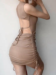 Ribbed Knitted Khaki Backless Side Slim Dress