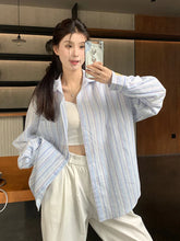 Sweet Casual Women Striped Shirts Loose Long Sleeve Vintage Cotton Linen Sun Proof Blouse Korean Preppy Style Letter Retro Tops