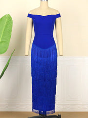 Pbong mid size graduation outfit romantic style teen swag clean girl ideas 90s latina aestheticWomen Dresses Blue Tassels Fringe Sexy Party Off Shoulder Sleevless Elegant Bodycon Long Cocktail Birthday Outfits Celebrate New