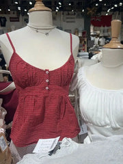 Red Plaid Buttons Tank Shorts Set Woman Back Lace-up Lace Trim Slim Camis+Elastic Waist Sweatshorts Sweet Cotton 2 Piece Sets