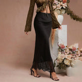 Pbong Elegant Lace Patchwork Satin Surface Skirt High-End Sensation Women's Fashion Source Goods Midi Skirt Polyester Fiber