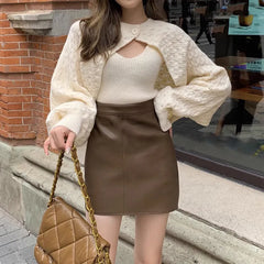Women's Knitted Shrug Cardigan with Vest Cami Top One button front Crop Bolero Tops Teen-girl Autumn Winter Y2K 90s Outfit