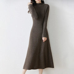 Autumn/Winter New A-line Pullover Dress Women's Half High Neck Over Knee Slim Knitted Cashmere Long Dress