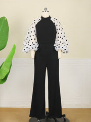 Women Black Jumpsuits Patchwork Sleeves Polka Dot See Through High Waist Slim Elegant Office Ladies One Piece Fashion Bodysuit Pbong mid size graduation outfit romantic style teen swag clean girl ideas 90s latina aesthetic