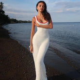 Sexy Backless Knitting White Long Dress Women's Square Collar Sleeveless Tank Dress New Summer Transprent Beach Holiday Vestidos