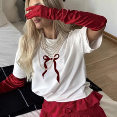 Bow Print Chic White Women T-shirt Cotton New Round Neck Short Sleeve All-match Tee White Casual Streetwear Female Top