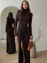 Turtleneck Thigh High Split Sexy Maxi Dress For Women Fashion Long Sleeve Draped Bandage Bodycon Club Long Dress