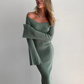 Simple Ribbed Knit Long Skirt Solid Color Slash Neck Chic Spring Autumn Women Dress Core Spun Yarn Fashion Slim Dresses 2025 New