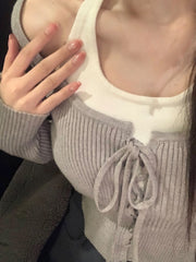 Pure Color Fake Two Pullover Korean Style Y2k Crop Tops Woman Slim Causal Long Sleeve Knitted Sweater Clothing Spring Chic