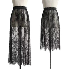 2 Length Elegant Black Skirt White Lace Transparent Long Tulle Skirt Ladies Elastic High Waist Beach Midi Skirt