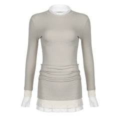 Vintage Aesthetic Patched Slim Long Sleeve Dress