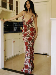 Spaghetti Strap Backless Print Dress For Women Fashion Deep V Neck Sleeveless Lace Up Bodycon Printed Sexy Long Dress