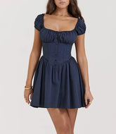 Square Collar Pleated Mini Dress For Women Navy Blue Fashion Short Sleeve Backless A-line Club Party Sexy Dress Elegant