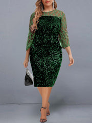 Women's Summer Dress Elegant Sequin Evening Party Dresses Mesh Patchwork Casual Midi Dress Wine Red Wedding Club Outfits