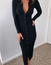 Long Sleeve Party Dresses Women Button Knitted Ankle-Length V-Neck Skinny Autumn Sexy Dresses Women Cotton Split Hem