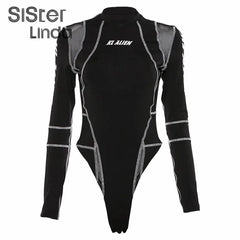 Women Turtleneck Bodysuits Mesh Patchwork Letter Print Jumpsuit Fashion Female Workout Street Casual Rompers Mujer