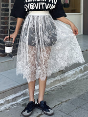 Y2K Lace Semi-Sheer A-Line Skirt, Solid Color Elastic Waist Midi Skirt For Spring & Summer, Women's Clothing