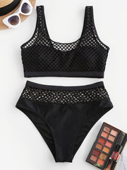 Women's Mesh Hollow Out High-Waisted Bikini 2 Piece Set, Beachwear, Swimwear, Black Color Swimsuit, Two-Piece Bathing Suit, Trendy Summer Outfit