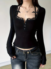 Elegant Stretchy Long Sleeve Mesh Lace Bodysuit Crop Top - Y2K Sheer Knotted T-Shirt For Women - Casual Style
