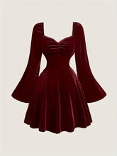 Velvet Elegant V-Neck Long Sleeve Dress - Pleated with Lace Detail, Perfect for Fall/Winter Parties & Banquets