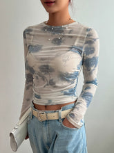 Everyday Elegance Women's Elegant Tie-Dye Floral Print Chiffon Blouse with Ruched Detail - Long Sleeve, Round Neck, Semi-Sheer, Perfect for Spring/Fall Fashion