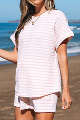 Stripe Knitted Short Sleeve Top and Drawstring Shorts Set