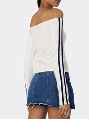 Y2K Style Polyester Knit Crop Top - Women's Off-the-Shoulder Long Sleeve with Number Print - Solid Color T-Shirt for Spring/Summer/Fall