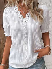 Women's Shirt Blouse yellow-green Violets White Plain Lace Short Sleeve Casual Basic V Neck Regular S