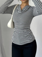 Striped Cowl Neck Long Sleeve T-Shirt