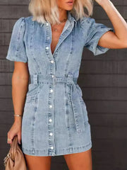 Button-Up Puff Sleeve Denim Shirt Dress
