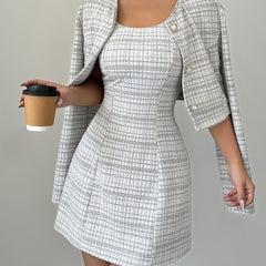 Two Piece A-Line Dress Suit Elegant Plaid Dress Suit for Women - Polyester Two Piece Set with A-Line Mini Dress and Buttoned Jacket, Crew Neck, Woven - All Season Fashion