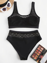 Women's Mesh Hollow Out High-Waisted Bikini 2 Piece Set, Beachwear, Swimwear, Black Color Swimsuit, Two-Piece Bathing Suit, Trendy Summer Outfit