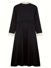 Women'S Long Sleeve Viscose Dress with Button Detail, Solid Color, Tailored Fit, Flared Skirt, Spring/Fall Collection - Elegant Black with White Collar