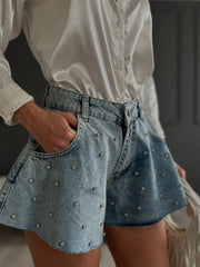 Rhinestone High Waist Denim Shorts