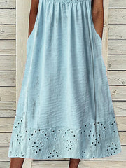 Women's Casual Dress Cotton Linen Dress Swing Dress Midi Dress Cotton Blend Basic Modern Outdoor Daily Crew Neck Lace Ruched Short Sleeve Summer Spring Loose Fit Blue Plain S M L XL 2XL