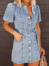 Button-Up Puff Sleeve Denim Shirt Dress